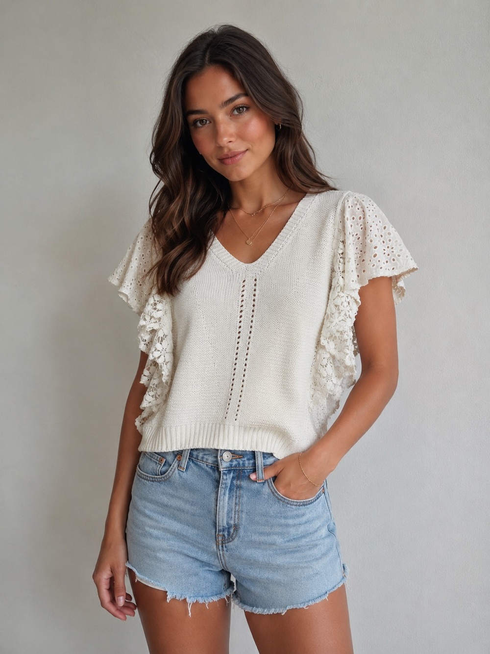 Democracy White Crochet Sleeve V-Neck Knit Top